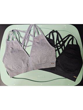XOXO 1X Gray & Black V-Neck Strappy Criss Cross Back Padded Sports Bra Lot of 2